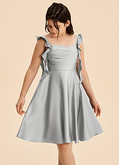 Azazie Kira Junior Vestido de Plata de Satén Elástico de Corte en A con Volante image4