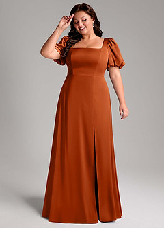 Azazie Fyona Bridesmaid Dresses Burnt Orange A-Line Pleated Stretch Satin Dress image11