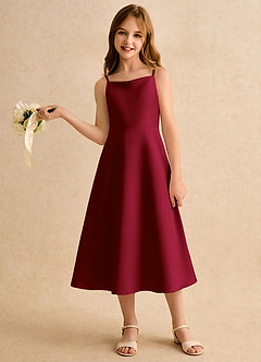 Azazie Jaella Girls Formal Blomsterpigekjoler A-Line Plisseret Mat satin Te-længde Kjole image2