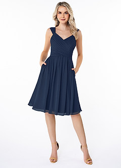 Azazie Angie Robes de demoiselle d'honneur Robe Trapèze en Mousseline de soie Corset Bleu Marine Foncé image1