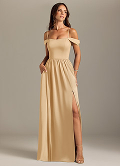 Azazie Calianna Bridesmaid Dresses Gold A-Line Off the Shoulder Stretch Satin Convertible Dress image5