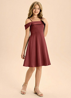 Azazie Anselie Junior Terracotta A-Line Off the Shoulder Stretch Satin Dress image6