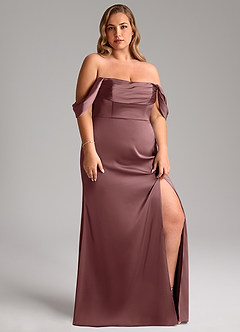 Azazie Saige Bridesmaid Dresses Vintage Mauve Sheath Off the Shoulder Stretch Satin Dress image13