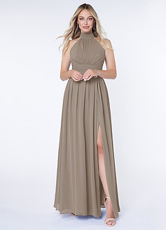 Azazie Iman Robes de demoiselle d'honneur Robe Trapèze en Mousseline de soie Ligne A froncée Taupe image1