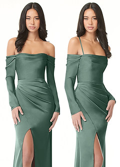 Azazie Hallie Bridesmaid Dresses Eucalyptus Sheath Off-The-Shoulder Long Sleeve Stretch Satin Convertible Dress image9