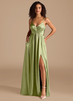 Azazie Alia Bridesmaid Dresses Pistachio A-Line Pleated Metallic Satin Dress image1