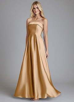 Azazie Lucienne Vestidos de damas de honor Vestido de Oro de Satén Elástico de Corte en A Convertible con Sin tirantes image3