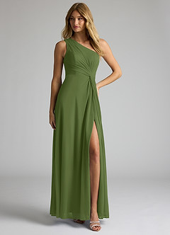 Azazie Brooke Robes de demoiselle d'honneur Robe Trapèze en Maille Ue épaule Olive image3
