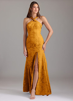 Azazie Rue Robes de demoiselle d'honneur Robe Trapèze en Blumen-Burnout Plissée Caramel écossais image1