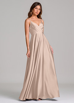 Azazie Amani At-home Try On Dresses Dusty Blue A-Line Pleated Stretch Satin Dress image1