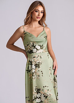 Azazie Sarella Vestidos de damas de honor Vestido Enredaderas Florales de Satén Elástico de Línea A con Plisado image6