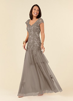 Azazie Romy Mother of the Bride Dresses Taupe Mermaid V-Neck Sequins Tulle Dress image2
