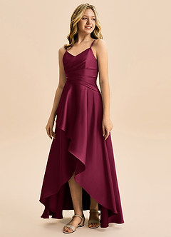 Azazie Eirlys Junior Burgundy A-Line Pleated Stretch Satin Dress image5