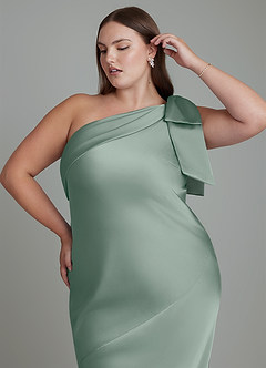 Azazie Yuanna Vestidos de damas de honor Vestido Salvia Plateada de Satén Elástico de Corte Sirena con Un hombro image3