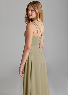 Azazie Maron Junior Moss Green A-Line Pleated Stretch Satin Dress image2