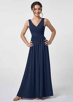 Azazie Keyla Junior Dark Navy A-Line Pleated Chiffon Dress image1