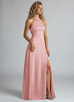 Azazie Clarice Bridesmaid Dresses Powder Pink A-Line High Neck Stretch Satin Dress image2