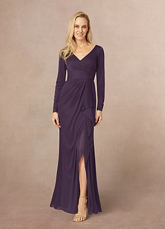 Azazie Risa Mother of the Bride Dresses Plum Mermaid V-Neck Pleated Mesh Dress image1