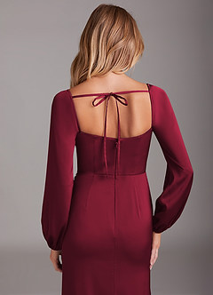Azazie Charissa Bridesmaid Dresses Burgundy Sheath Long Sleeve Stretch Satin Dress image2