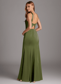 Azazie Elana Jurken voor bruidsmeisjes Jurk van Stretch Satijn met Kolom Zijsplit Olijf image2