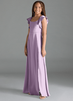 Azazie Bondi Junior Frosted Lilac A-Line Side Slit Stretch Satin Dress image4