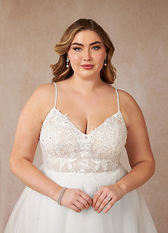 Azazie Tatiana Probar vestidos en casa Vestido de Diamante Blanco de Tul de Corte en A con Lentejuelas cuello pico image13