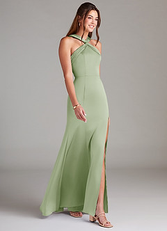 Azazie Rue Bridesmaid Dresses Dusty Sage A-Line Pleated Stretch Satin Dress image4