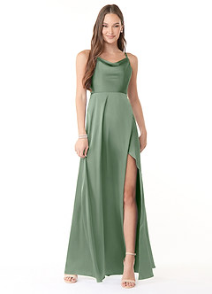 Azazie Naomie Bridesmaid Dresses Matcha A-Line Cowl Neckline Side Slit Stretch Satin Dress image1