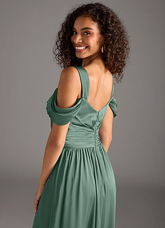 Azazie Lianne Bridesmaid Dresses Eucalyptus A-Line Off the Shoulder Stretch Satin Dress image4