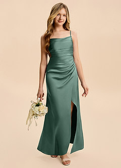 Azazie Minnie Junior Eucalyptus Sheath Ruched Stretch Satin Dress image5