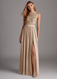 Azazie Elly Bridesmaid Dresses Taupe A-Line Lace Scoop Neck Chiffon Dress image3