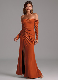 Azazie Hallie Bridesmaid Dresses Burnt Orange Mermaid Long Sleeve Velvet Convertible Dress image4
