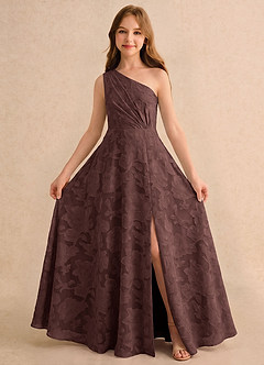 Azazie Pudles Girls Formal Robe Demoiselle D'honneur Fillette Robe Trapèze en Blumen-Burnout Asymétrique Expresso image3