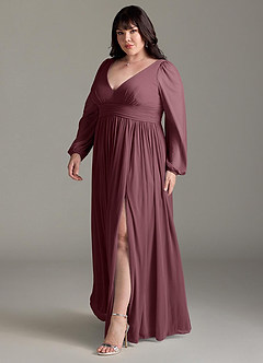 Azazie Norah Bridesmaid Dresses Sangria A-Line V-Neck Long Sleeve Chiffon Dress image11