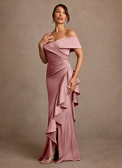 Azazie Kirsty Vestidos para mãe da noiva Vestido Rosa Empoeirada de Cetim elástico de Bainha com Fora do ombro image3