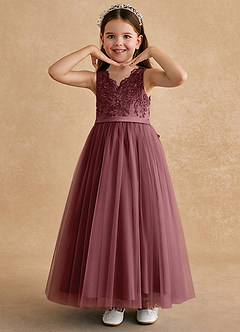 Azazie Cinna Robe Demoiselle D'honneur Fillette Robe Trapèze en Tulle Dentelle Rose Du Désert image5
