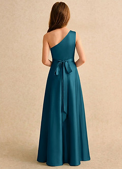Azazie Puddles Girls Formal Robe Demoiselle D'honneur Fillette Robe Trapèze en Satin extensible Une épaule Bleu Encre image2