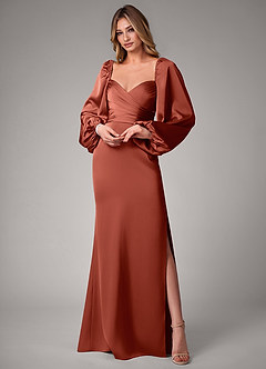 Azazie Sonata Bridesmaid Dresses Terracotta Sheath Long Sleeve Stretch Satin Convertible Dress image1