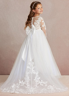 Azazie Elodie Flower Girl Dresses Ivory Lavender Ball-Gown Lace Dress image1
