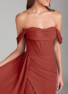 Azazie Amyra Bridesmaid Dresses Terracotta Sheath Off the Shoulder Chiffon Convertible Dress image6