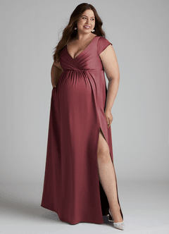 Azazie Allessia Robes de demoiselle d'honneur de maternité Robe Trapèze Plissée Longueur ras du sol Satin extensible image10