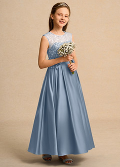 Azazie Candy Girl Jurken voor bloemenmeisjes Baljurk Jurk van Mat Satijn Boog Stoffig Blauw image5