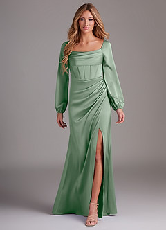 Azazie Charissa Brautjungfernkleider Etui Langarm Stretch-Satin Kleid Agave image1