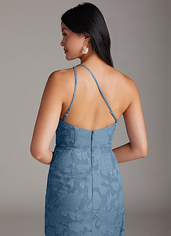 Azazie Mika Bridesmaid Dresses Steel Blue Sheath One Shoulder Floral Burnout Dress image6