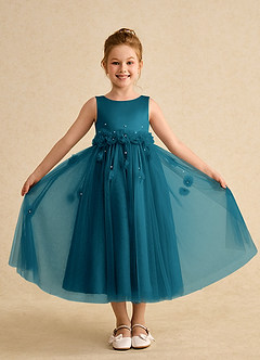 Azazie Lux Flower Girl Dresses Ink Blue A-Line Beaded Tulle Dress image4