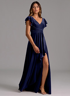 Azazie Omari Bridesmaid Dresses Dark Navy A-Line Pleated Velvet Dress image3