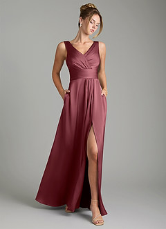 Azazie Karina Bridesmaid Dresses Desert Rose A-Line Pleated Stretch Satin Dress image1