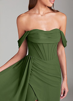Azazie Amyra Bridesmaid Dresses Olive Sheath Off the Shoulder Chiffon Convertible Dress image6
