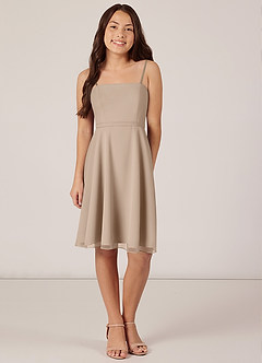 Azazie Kalie Junior Taupe A-Line with Belt Chiffon Dress image1