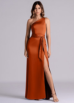 Azazie Philana Bridesmaid Dresses Burnt Orange A-Line One Shoulder Stretch Satin Dress image2